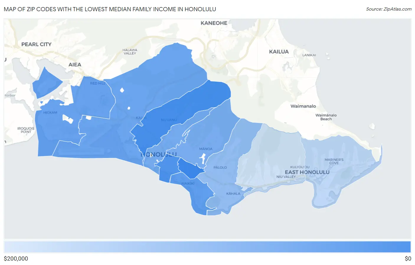 Zip Codes with the Lowest Median Family Income in Honolulu Map