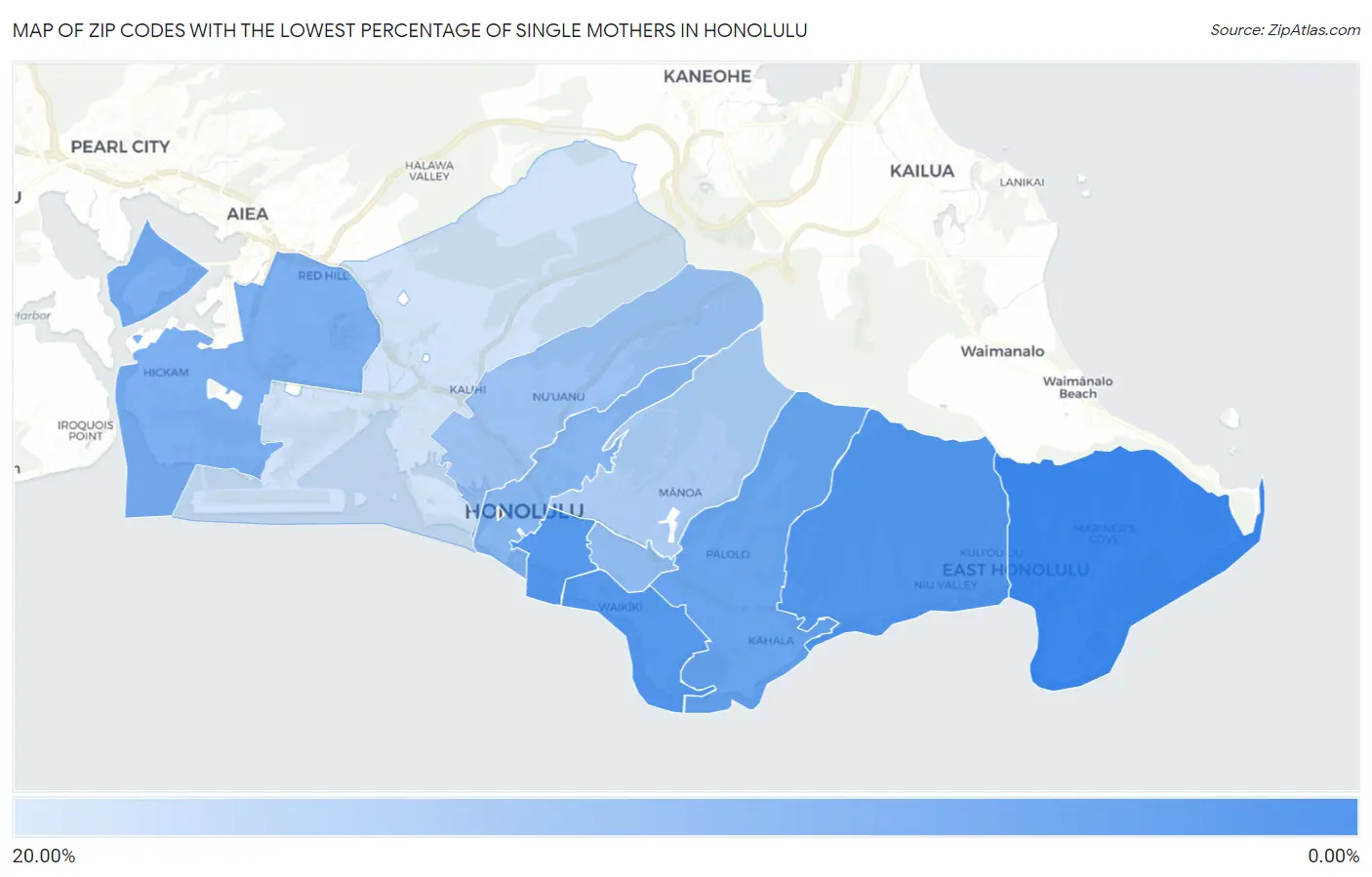Zip Codes with the Lowest Percentage of Single Mothers in Honolulu Map