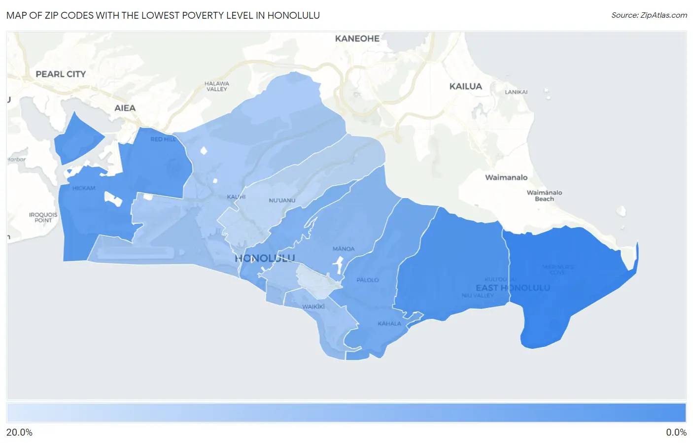 Zip Codes with the Lowest Poverty Level in Honolulu Map