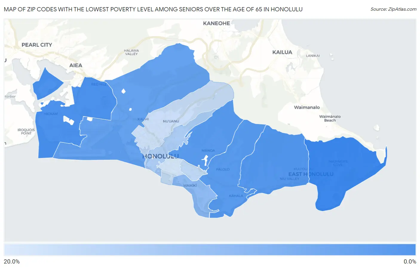 Zip Codes with the Lowest Poverty Level Among Seniors Over the Age of 65 in Honolulu Map