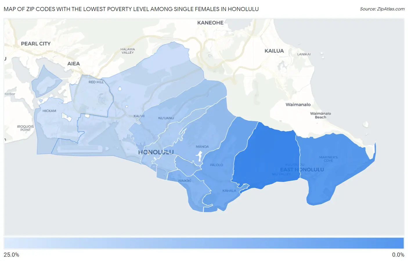 Zip Codes with the Lowest Poverty Level Among Single Females in Honolulu Map