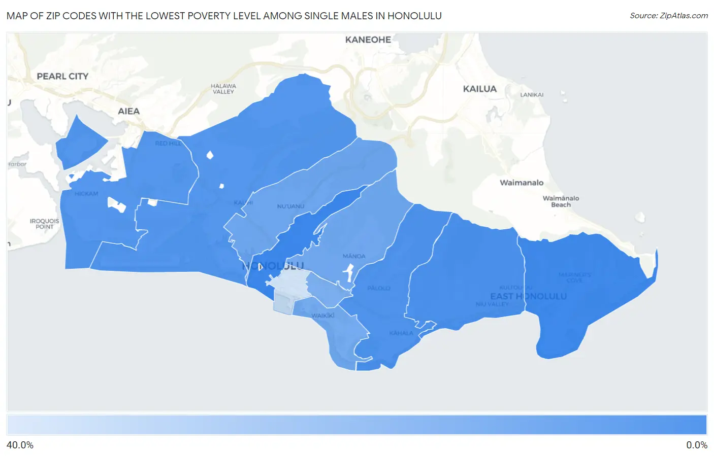 Zip Codes with the Lowest Poverty Level Among Single Males in Honolulu Map