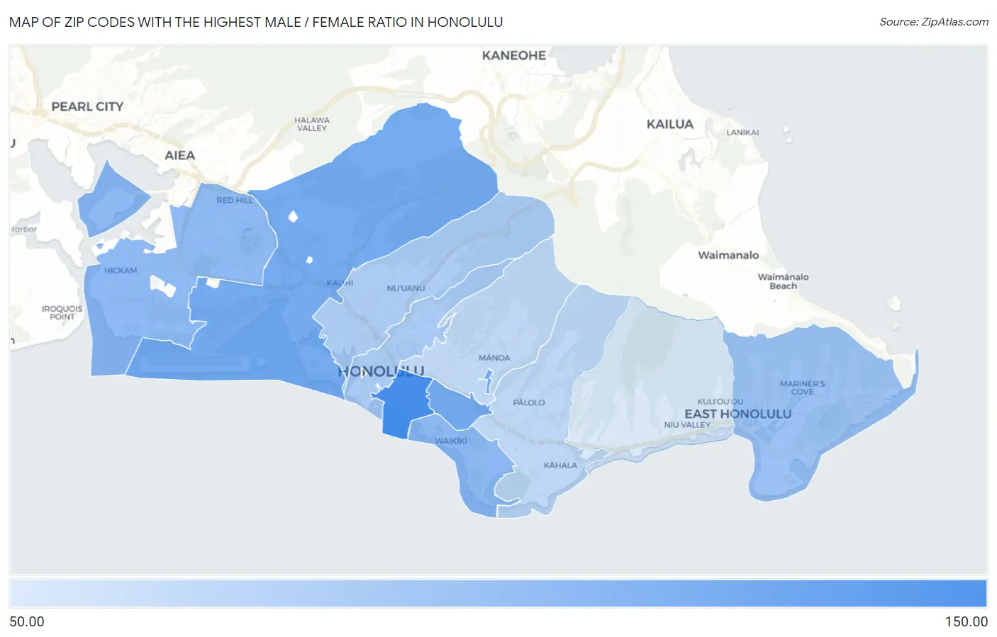 Zip Codes with the Highest Male / Female Ratio in Honolulu Map