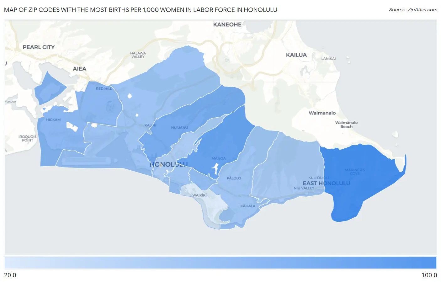Zip Codes with the Most Births per 1,000 Women in Labor Force in Honolulu Map