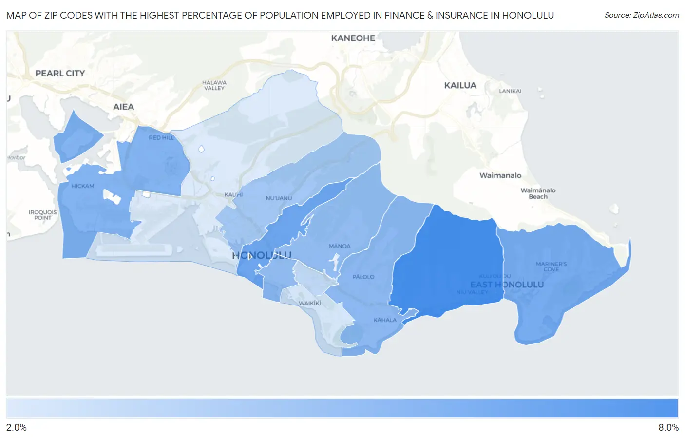 Zip Codes with the Highest Percentage of Population Employed in Finance & Insurance in Honolulu Map