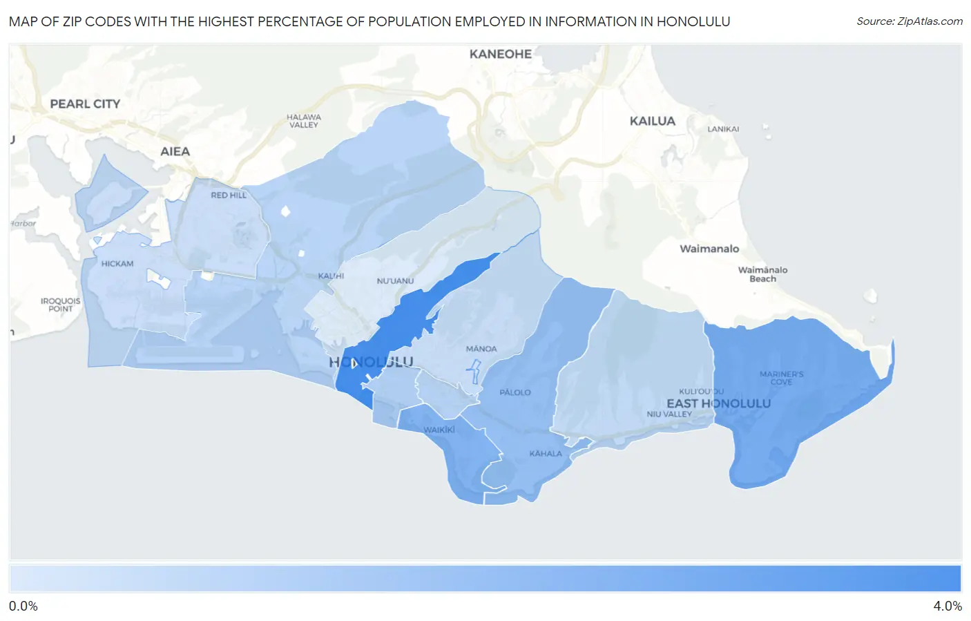 Zip Codes with the Highest Percentage of Population Employed in Information in Honolulu Map