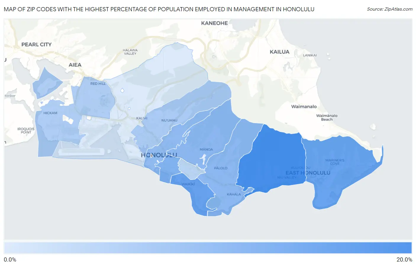 Zip Codes with the Highest Percentage of Population Employed in Management in Honolulu Map