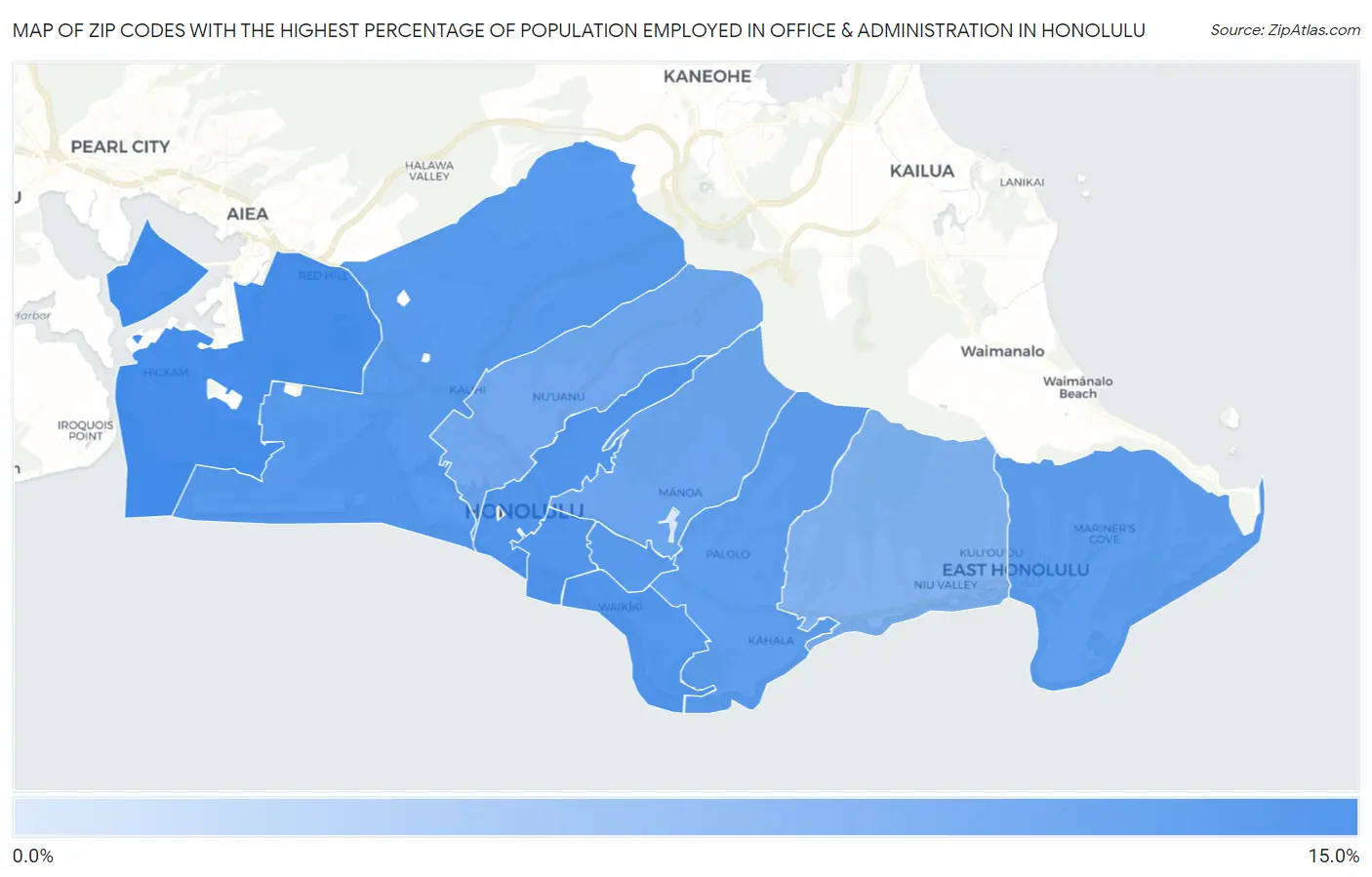 Zip Codes with the Highest Percentage of Population Employed in Office & Administration in Honolulu Map