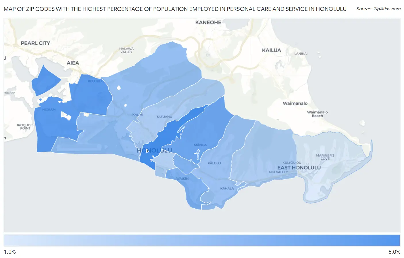 Zip Codes with the Highest Percentage of Population Employed in Personal Care and Service in Honolulu Map