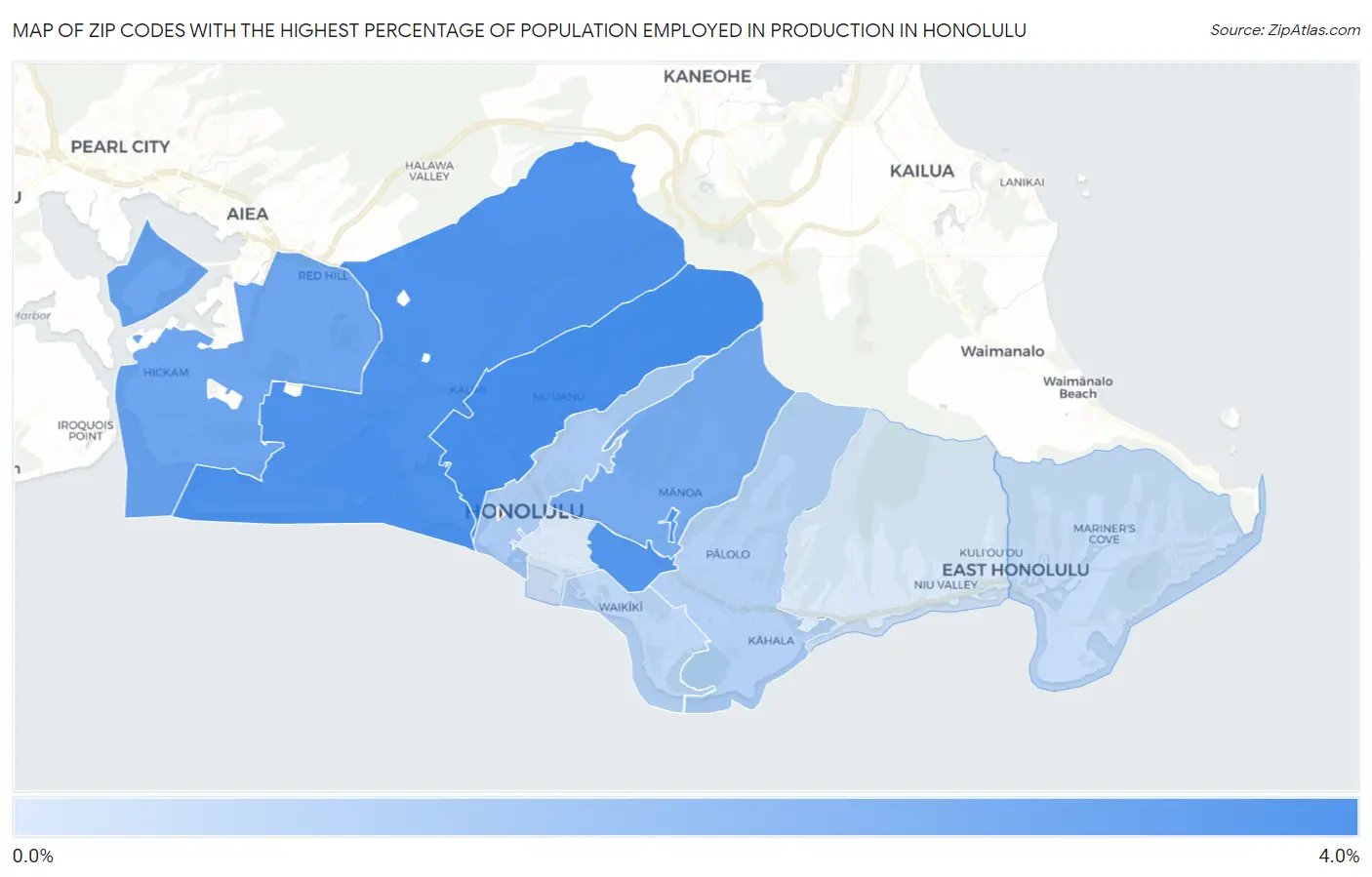 Zip Codes with the Highest Percentage of Population Employed in Production in Honolulu Map
