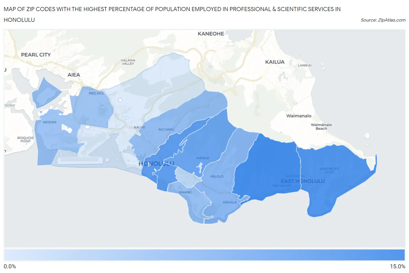 Zip Codes with the Highest Percentage of Population Employed in Professional & Scientific Services in Honolulu Map