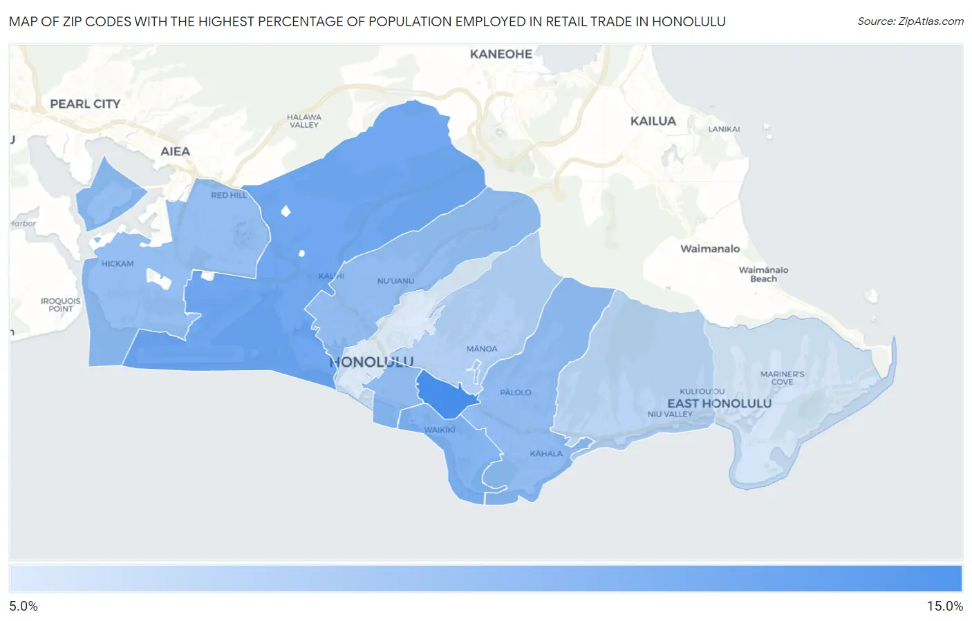 Zip Codes with the Highest Percentage of Population Employed in Retail Trade in Honolulu Map