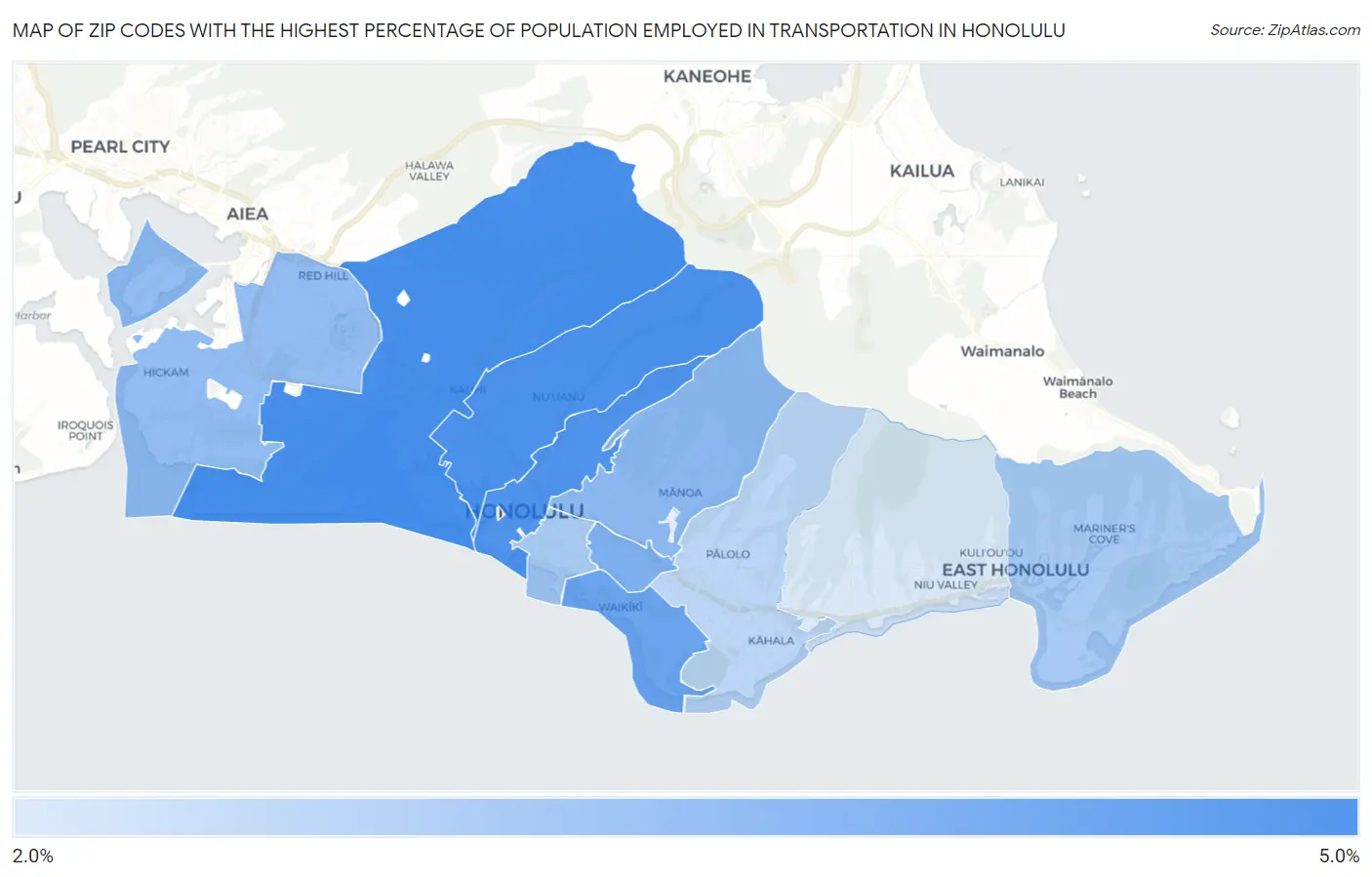 Zip Codes with the Highest Percentage of Population Employed in Transportation in Honolulu Map