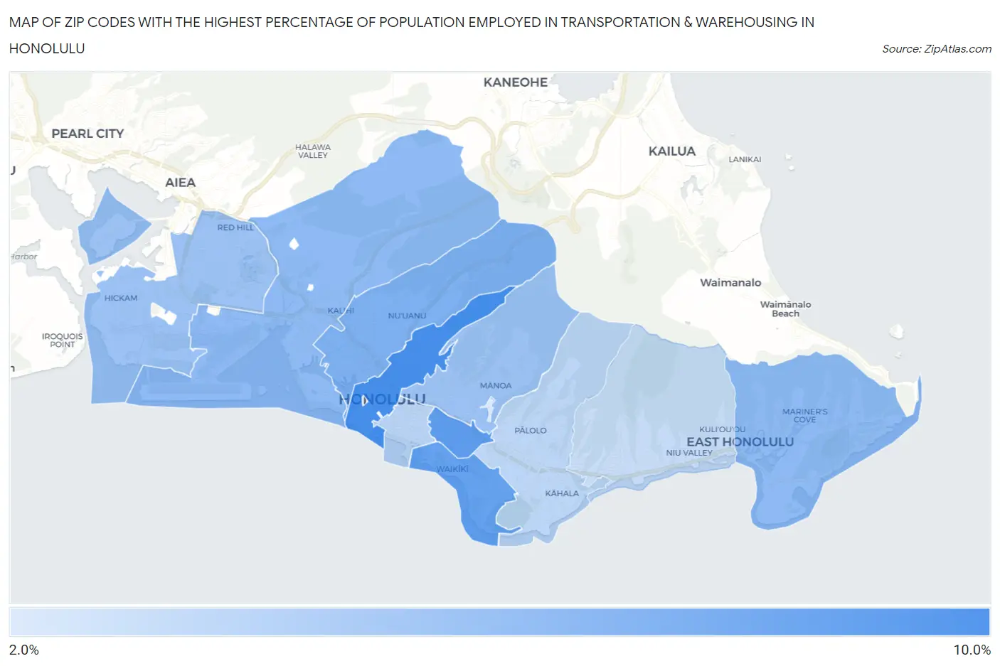 Zip Codes with the Highest Percentage of Population Employed in Transportation & Warehousing in Honolulu Map