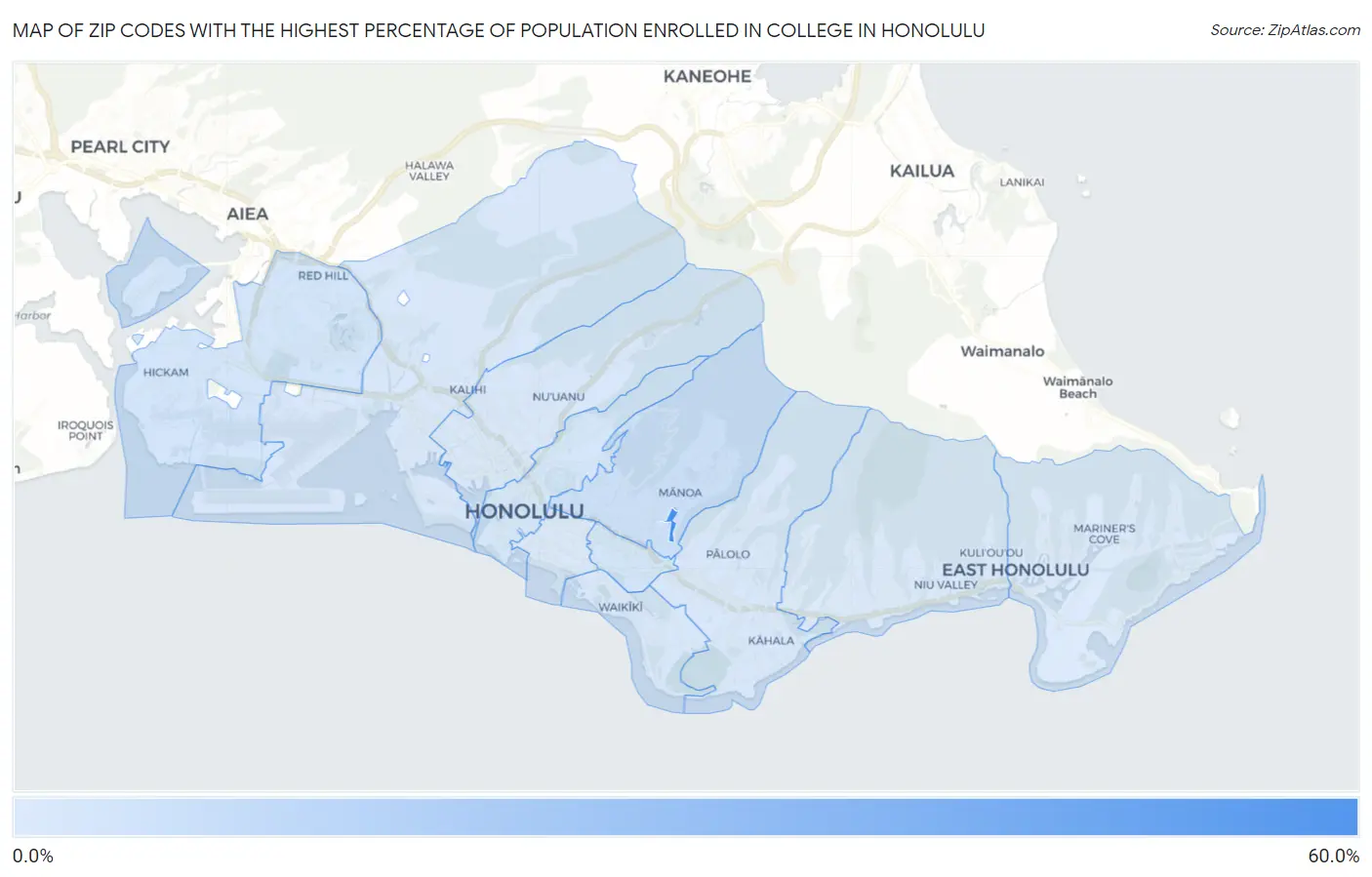 Zip Codes with the Highest Percentage of Population Enrolled in College in Honolulu Map