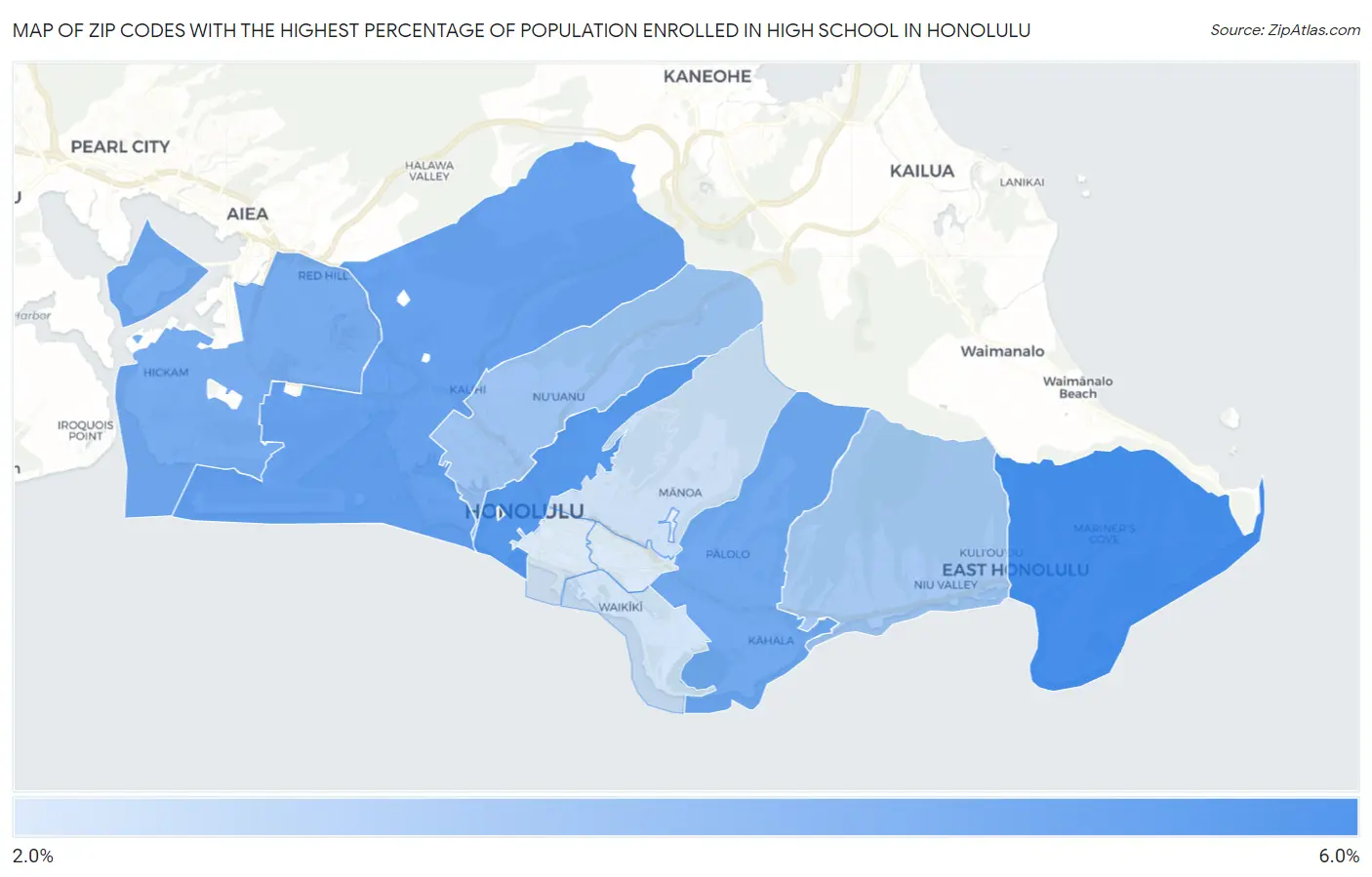 Zip Codes with the Highest Percentage of Population Enrolled in High School in Honolulu Map