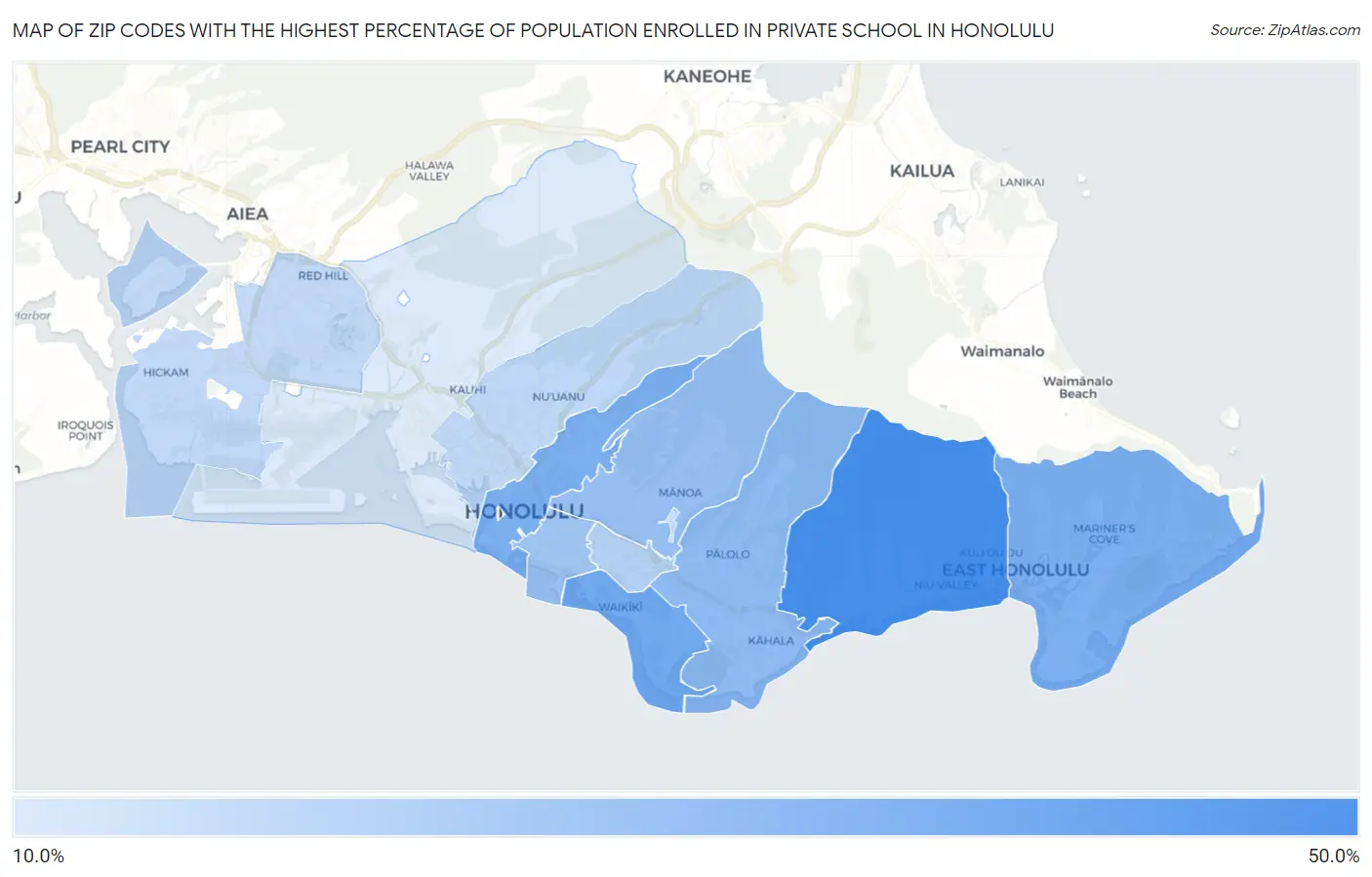 Zip Codes with the Highest Percentage of Population Enrolled in Private School in Honolulu Map