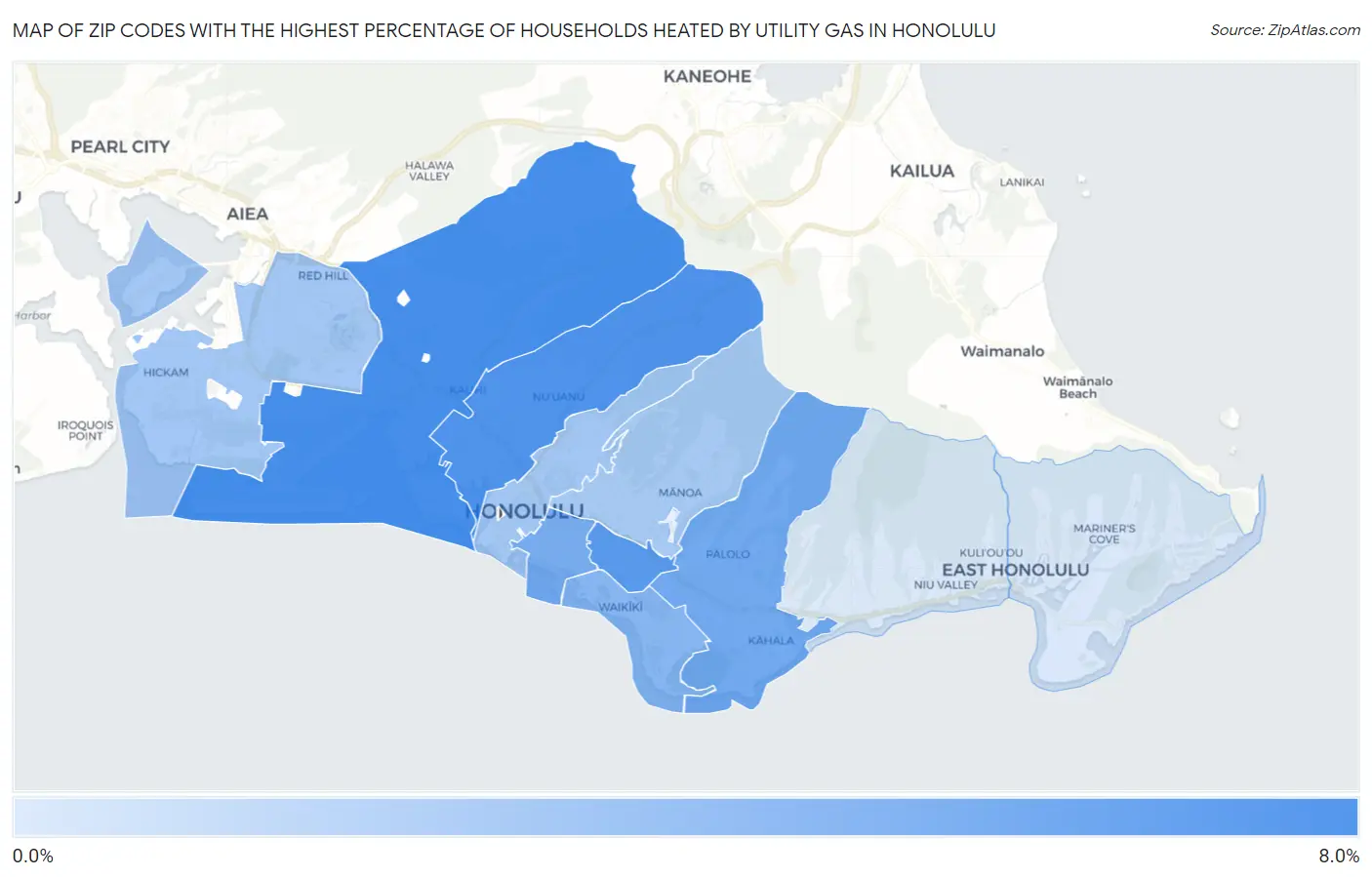 Zip Codes with the Highest Percentage of Households Heated by Utility Gas in Honolulu Map