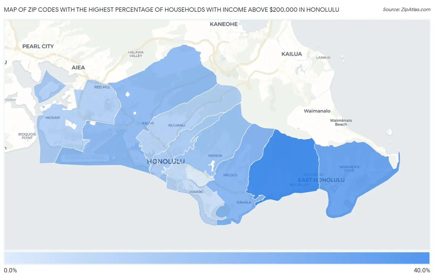 Zip Codes with the Highest Percentage of Households with Income Above $200,000 in Honolulu Map