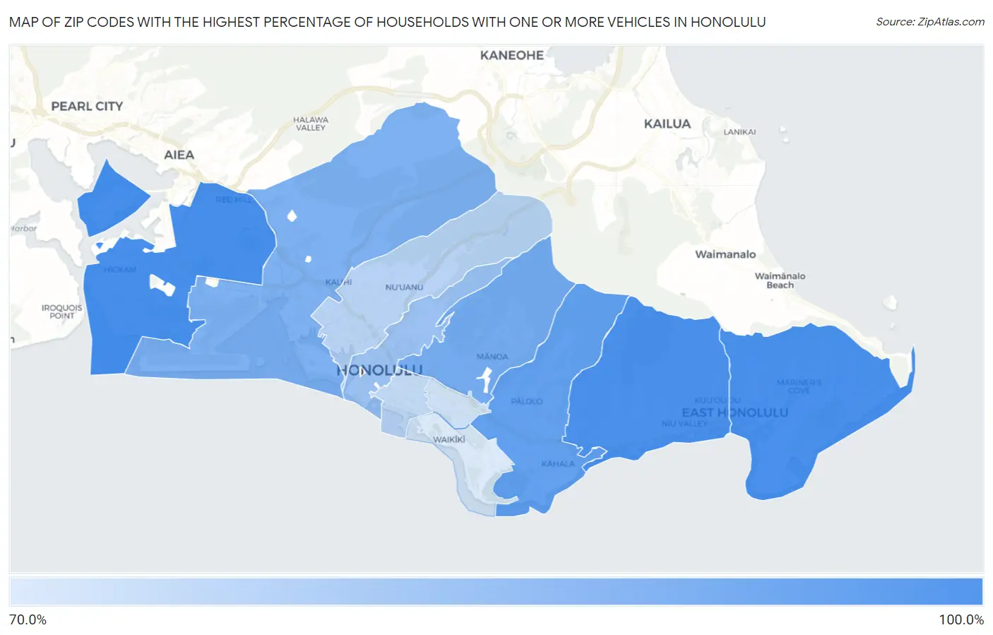 Zip Codes with the Highest Percentage of Households With One or more Vehicles in Honolulu Map