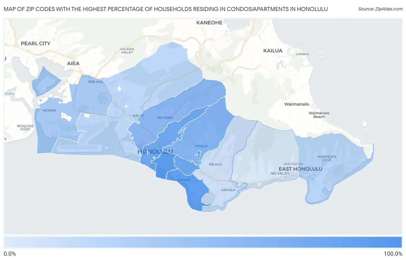 Zip Codes with the Highest Percentage of Households Residing in Condos/Apartments in Honolulu Map