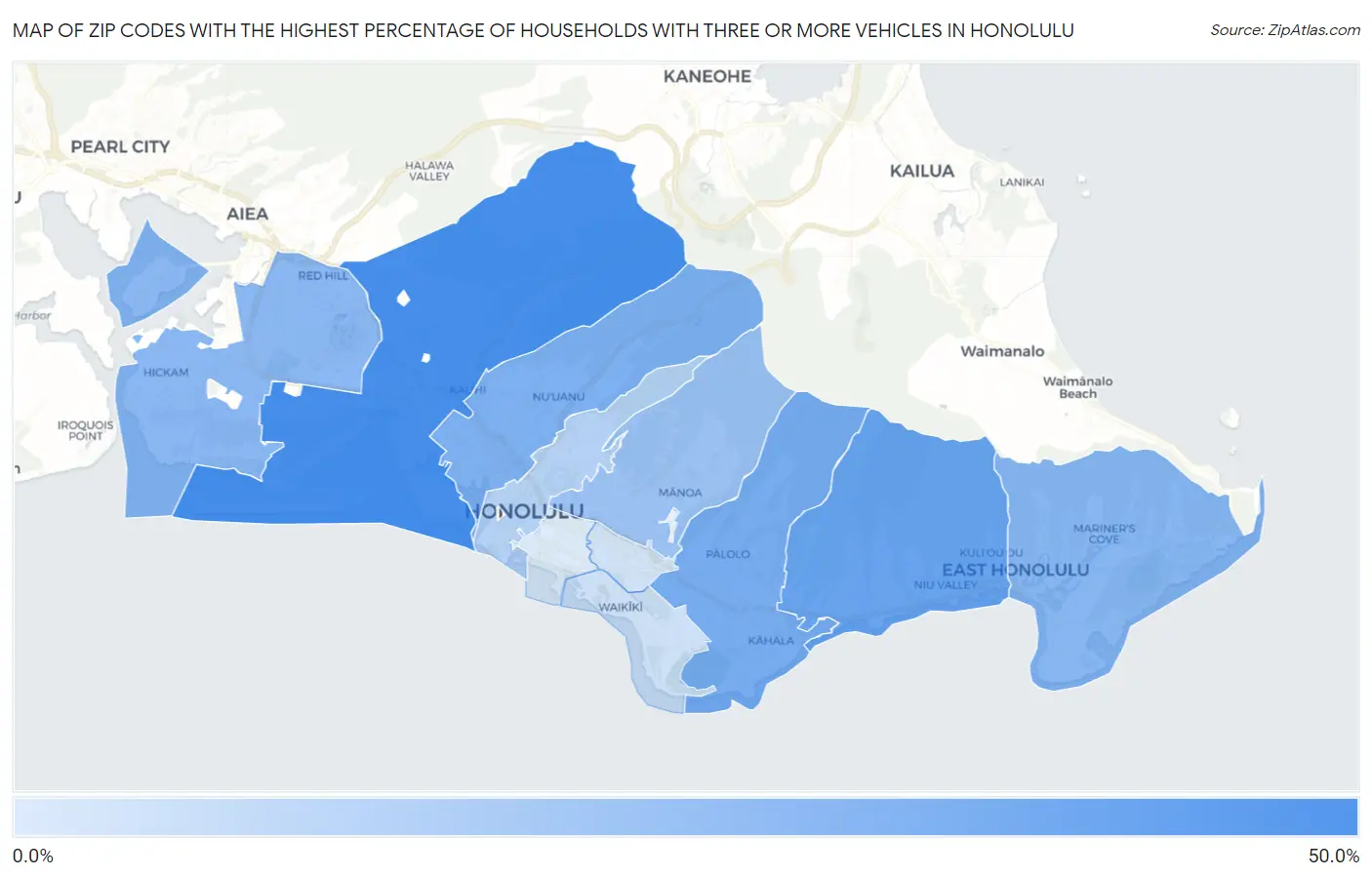 Zip Codes with the Highest Percentage of Households With Three or more Vehicles in Honolulu Map