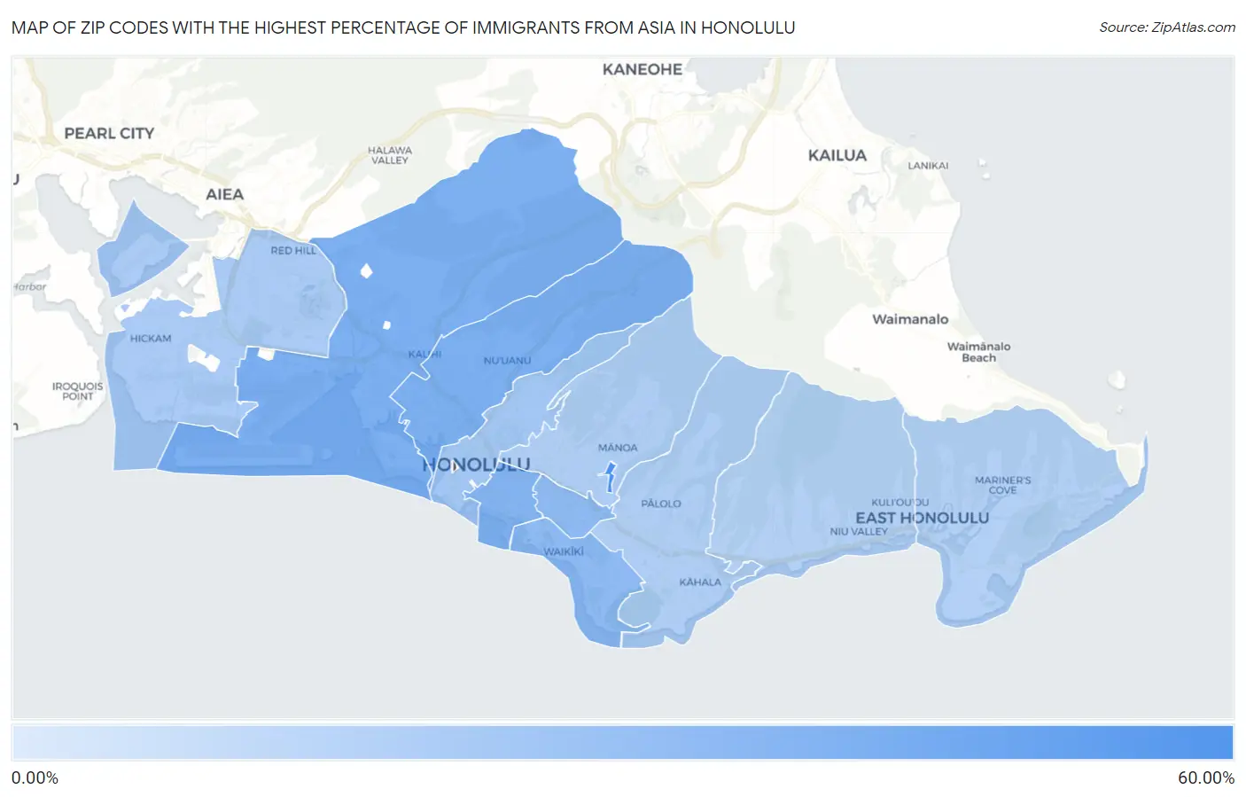 Zip Codes with the Highest Percentage of Immigrants from Asia in Honolulu Map