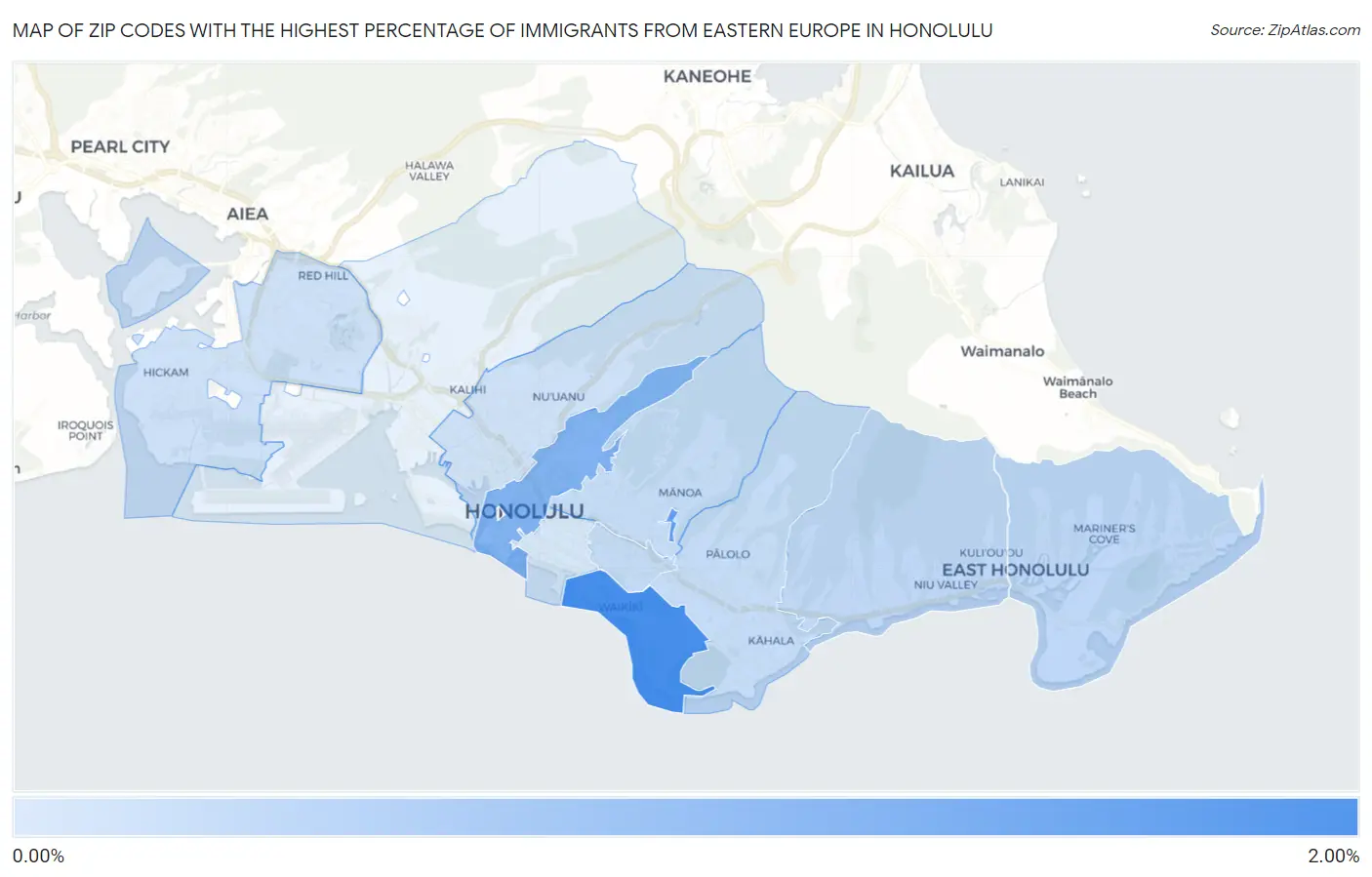 Zip Codes with the Highest Percentage of Immigrants from Eastern Europe in Honolulu Map