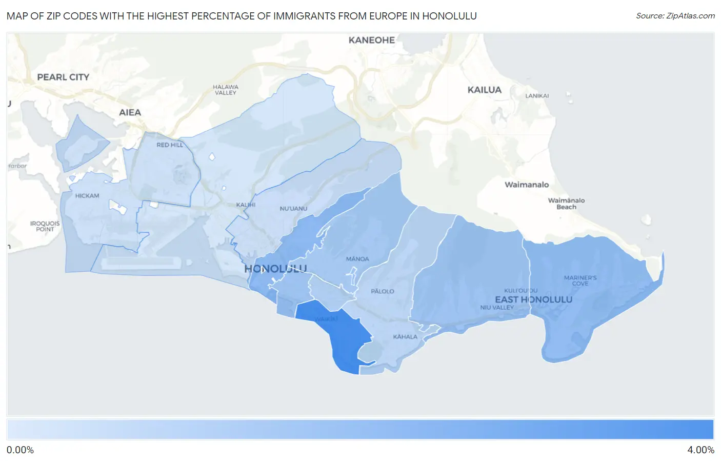 Zip Codes with the Highest Percentage of Immigrants from Europe in Honolulu Map