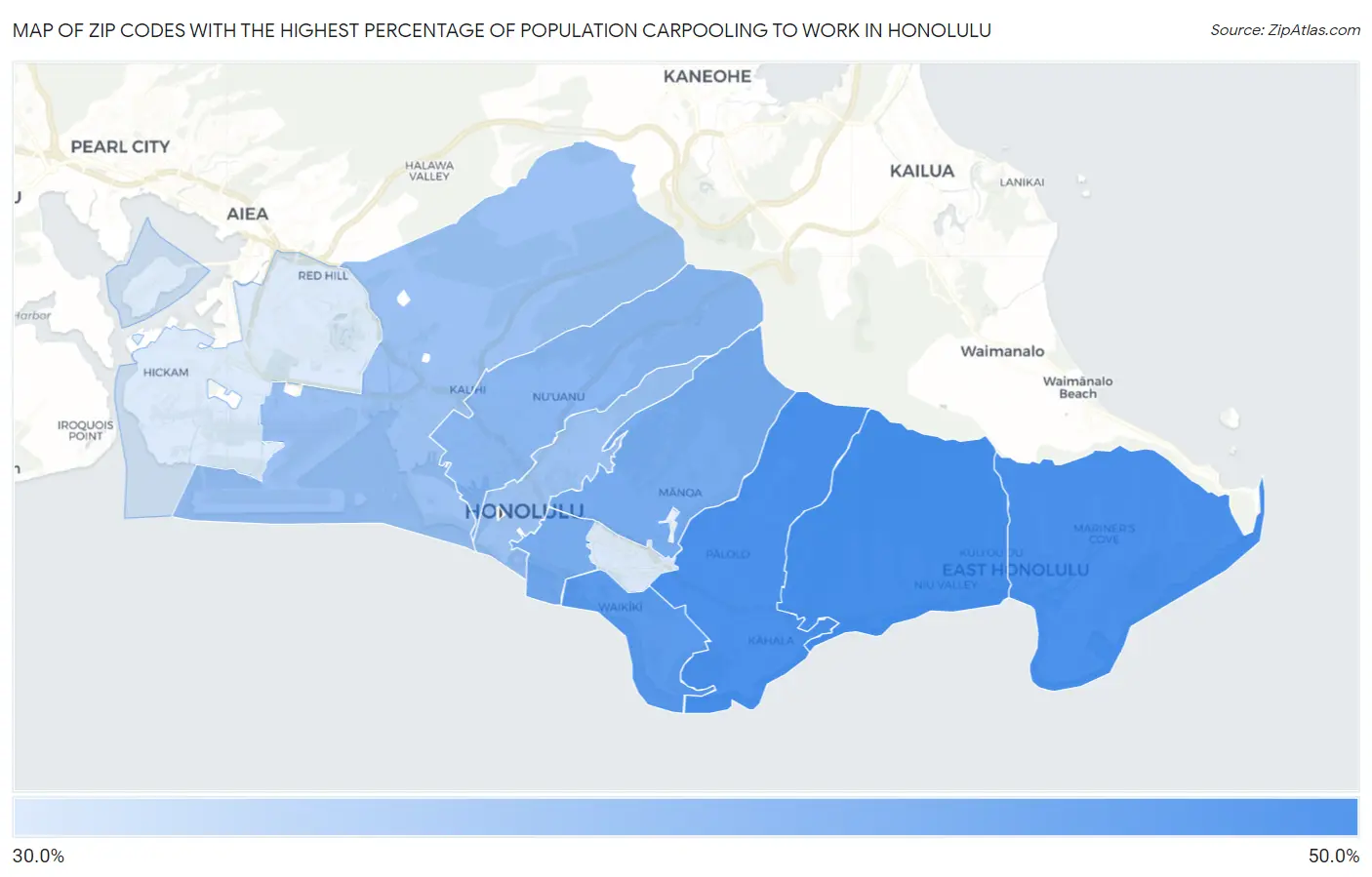 Zip Codes with the Highest Percentage of Population Carpooling to Work in Honolulu Map