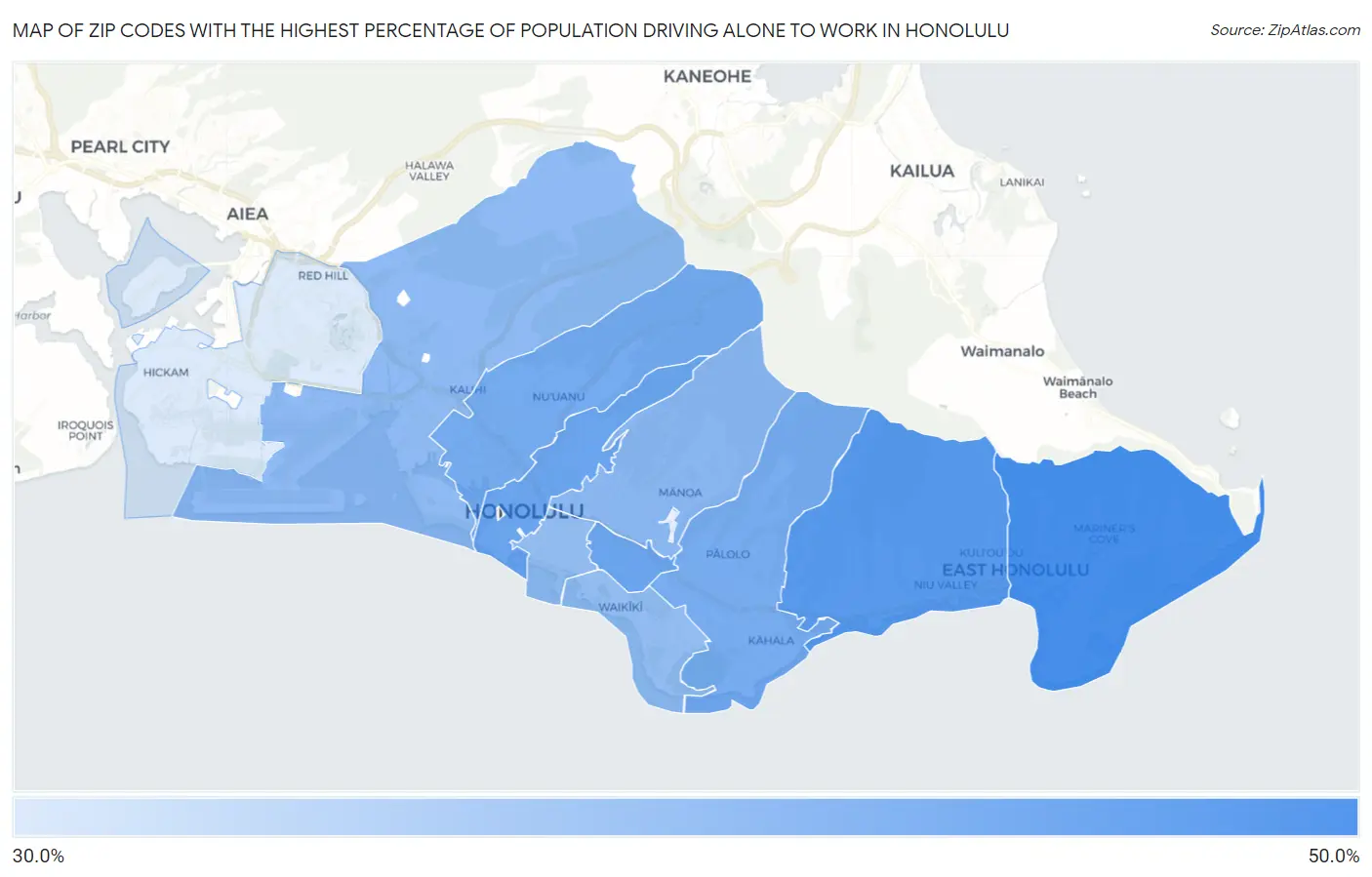 Zip Codes with the Highest Percentage of Population Driving Alone to Work in Honolulu Map