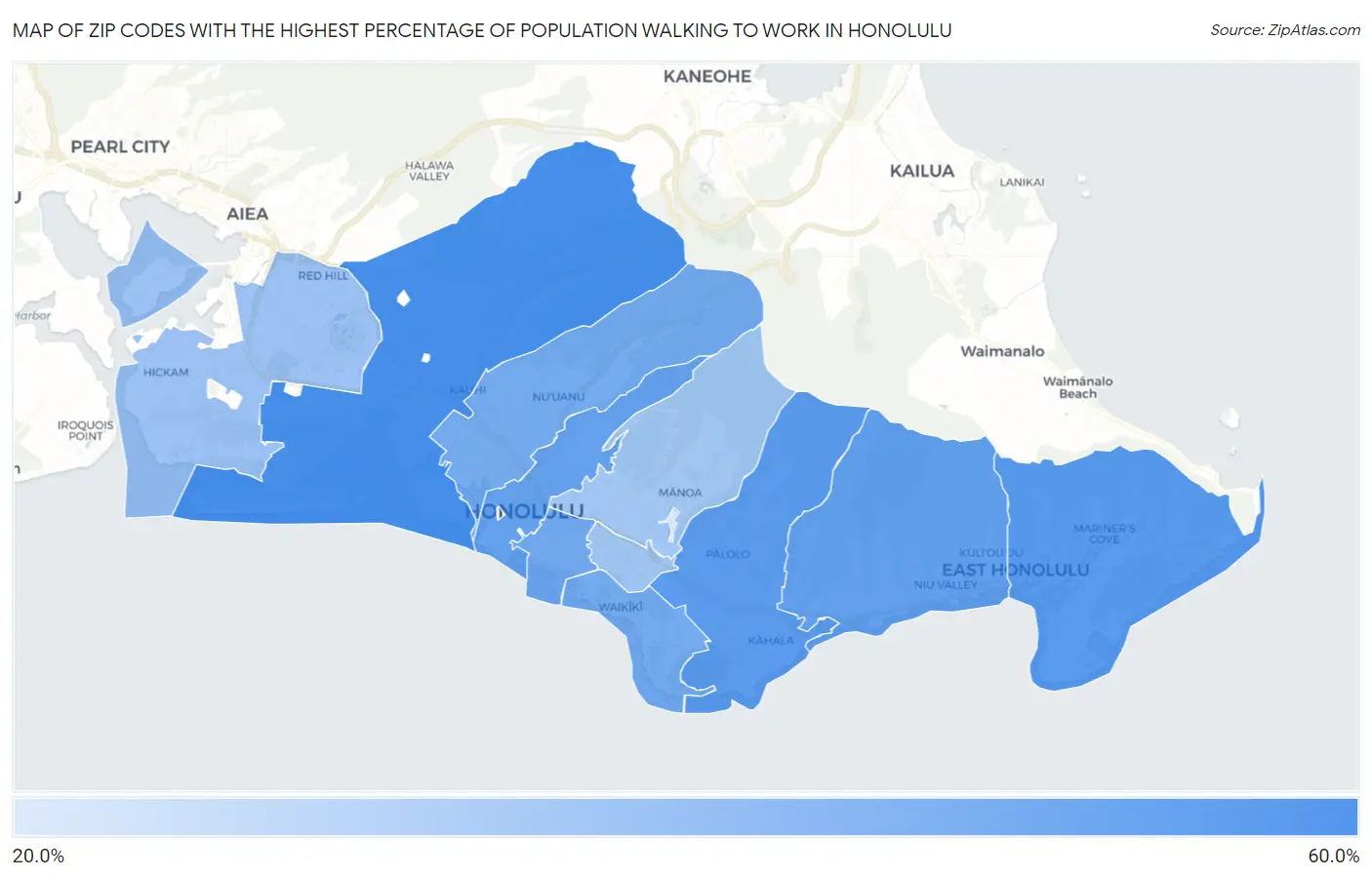 Zip Codes with the Highest Percentage of Population Walking to Work in Honolulu Map