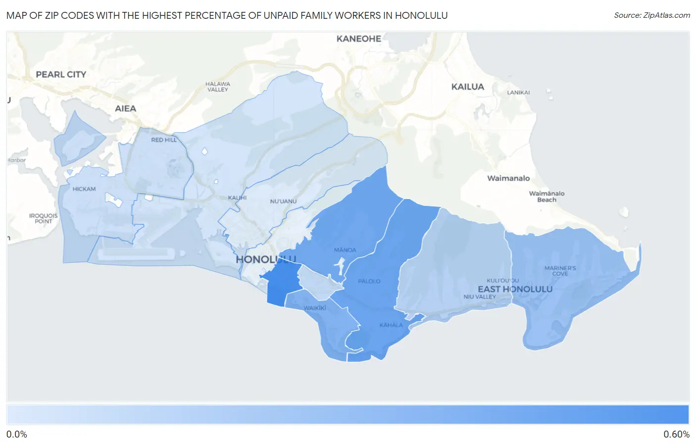 Zip Codes with the Highest Percentage of Unpaid Family Workers in Honolulu Map