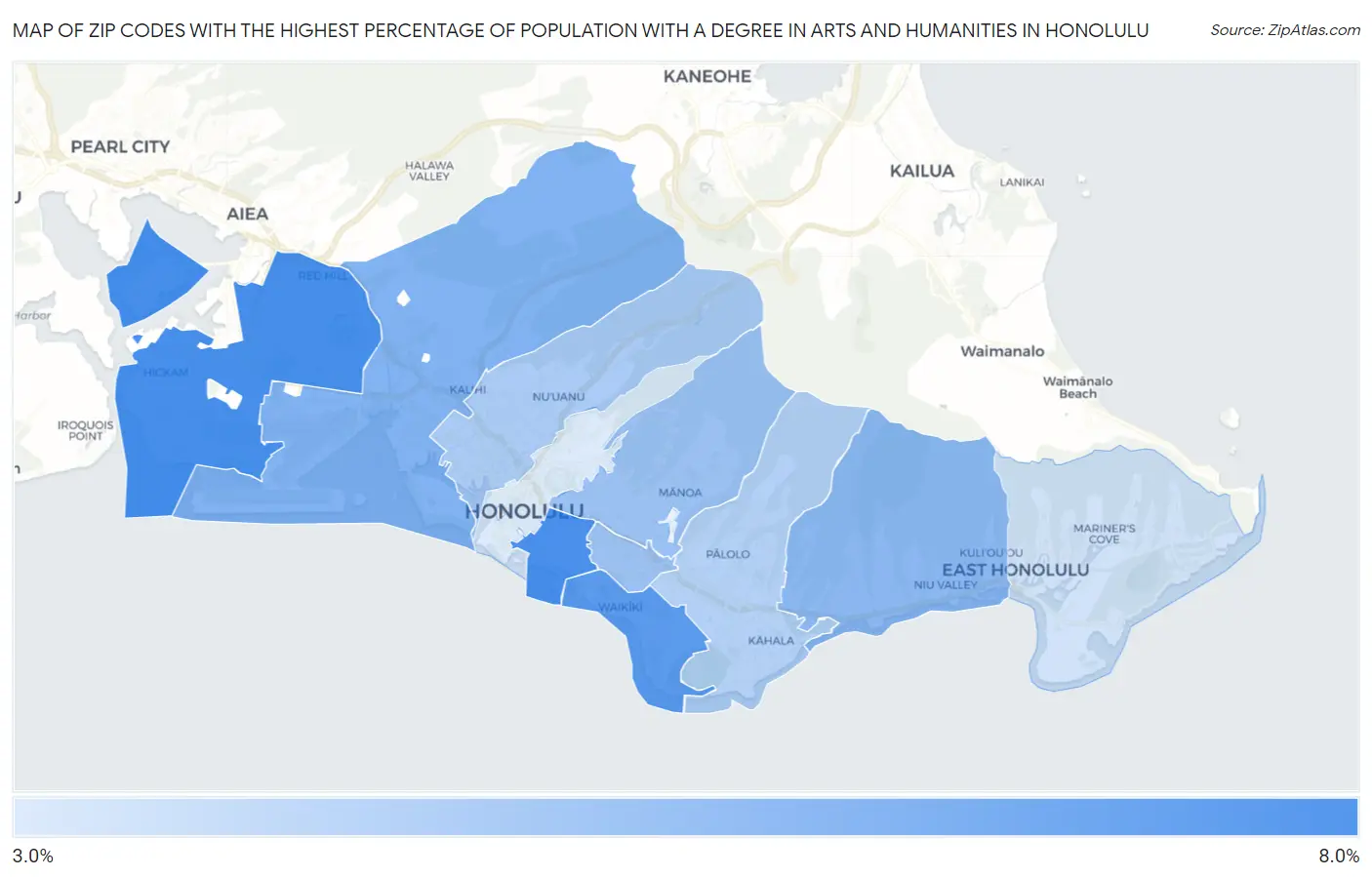 Zip Codes with the Highest Percentage of Population with a Degree in Arts and Humanities in Honolulu Map
