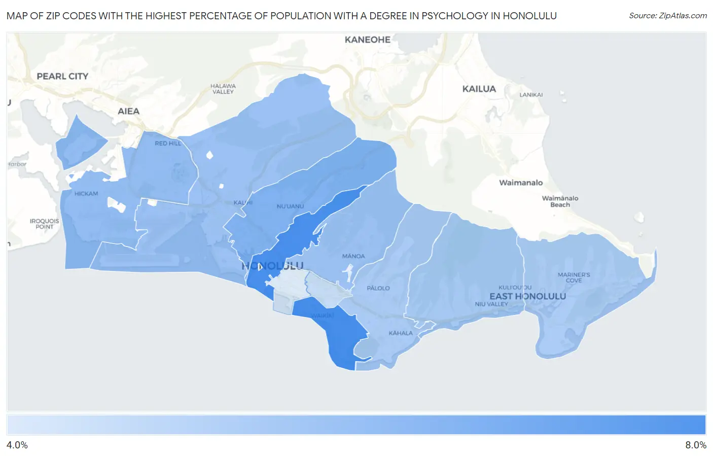 Zip Codes with the Highest Percentage of Population with a Degree in Psychology in Honolulu Map