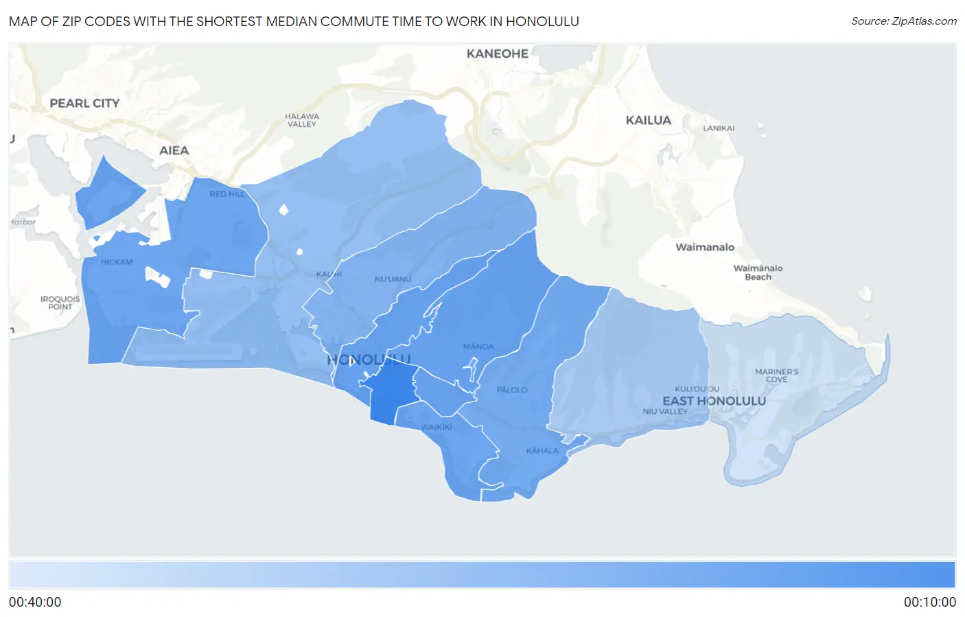 Zip Codes with the Shortest Median Commute Time to Work in Honolulu Map