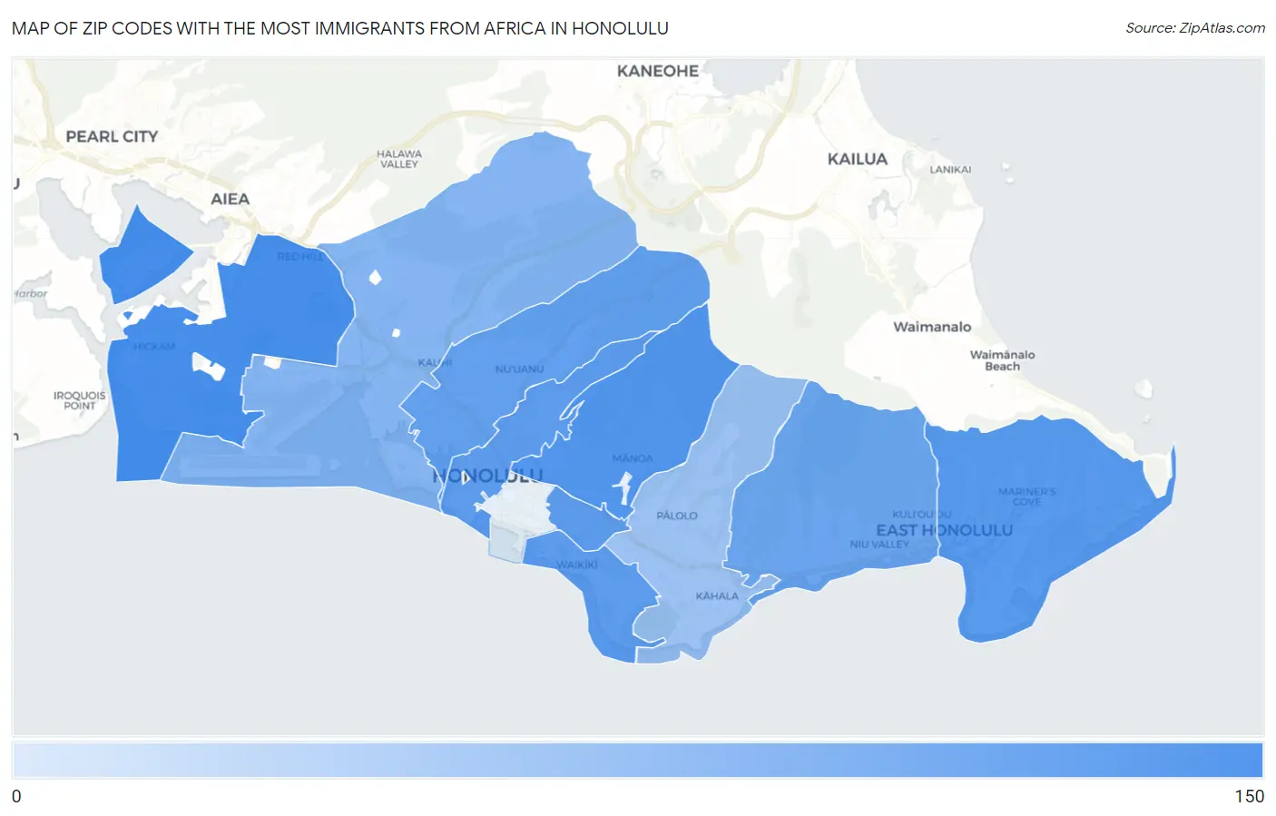 Zip Codes with the Most Immigrants from Africa in Honolulu Map