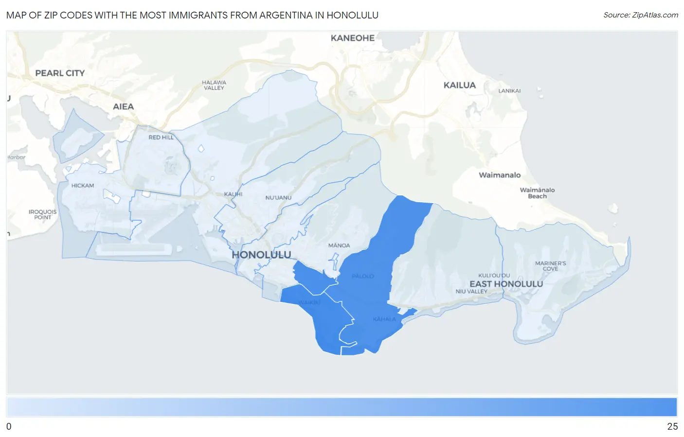Zip Codes with the Most Immigrants from Argentina in Honolulu Map