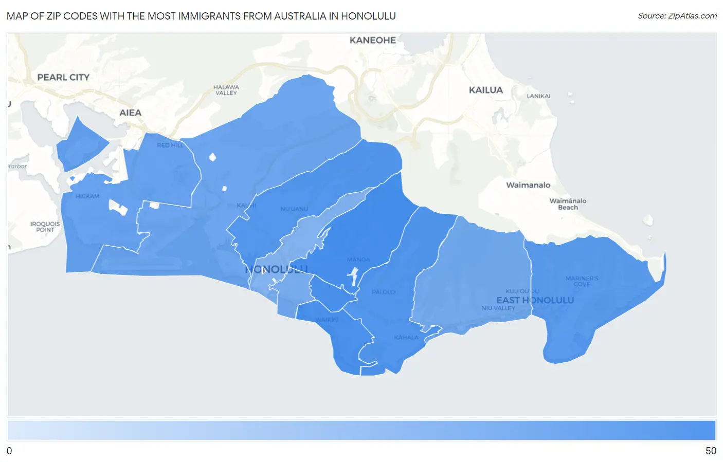 Zip Codes with the Most Immigrants from Australia in Honolulu Map