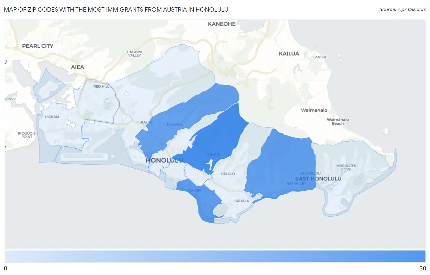 Zip Codes with the Most Immigrants from Austria in Honolulu Map