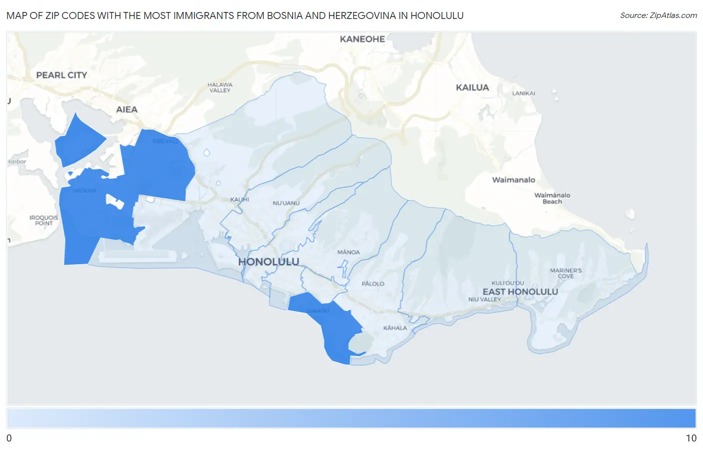 Zip Codes with the Most Immigrants from Bosnia and Herzegovina in Honolulu Map