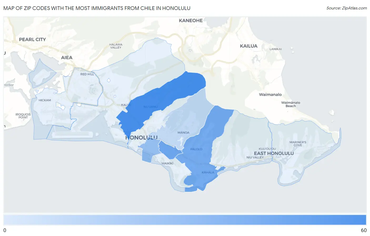 Zip Codes with the Most Immigrants from Chile in Honolulu Map