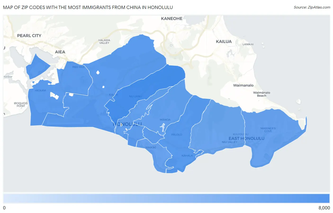Zip Codes with the Most Immigrants from China in Honolulu Map