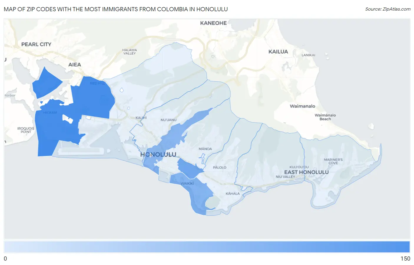 Zip Codes with the Most Immigrants from Colombia in Honolulu Map