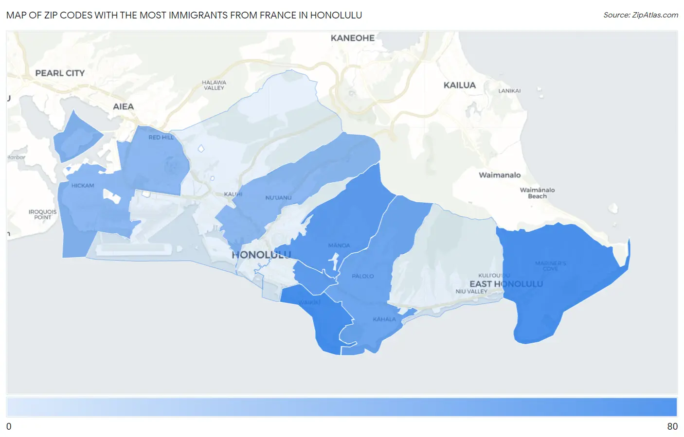 Zip Codes with the Most Immigrants from France in Honolulu Map