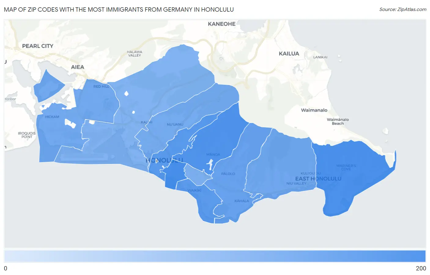 Zip Codes with the Most Immigrants from Germany in Honolulu Map