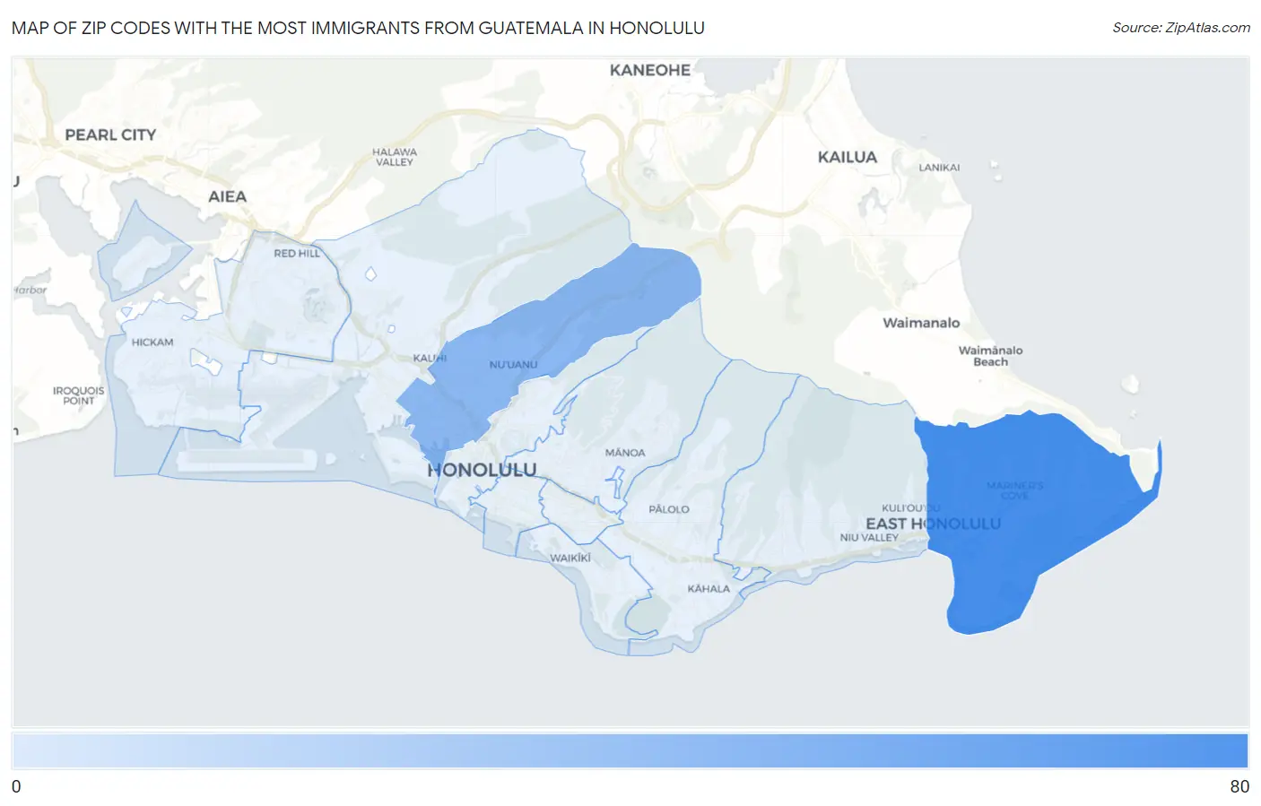 Zip Codes with the Most Immigrants from Guatemala in Honolulu Map