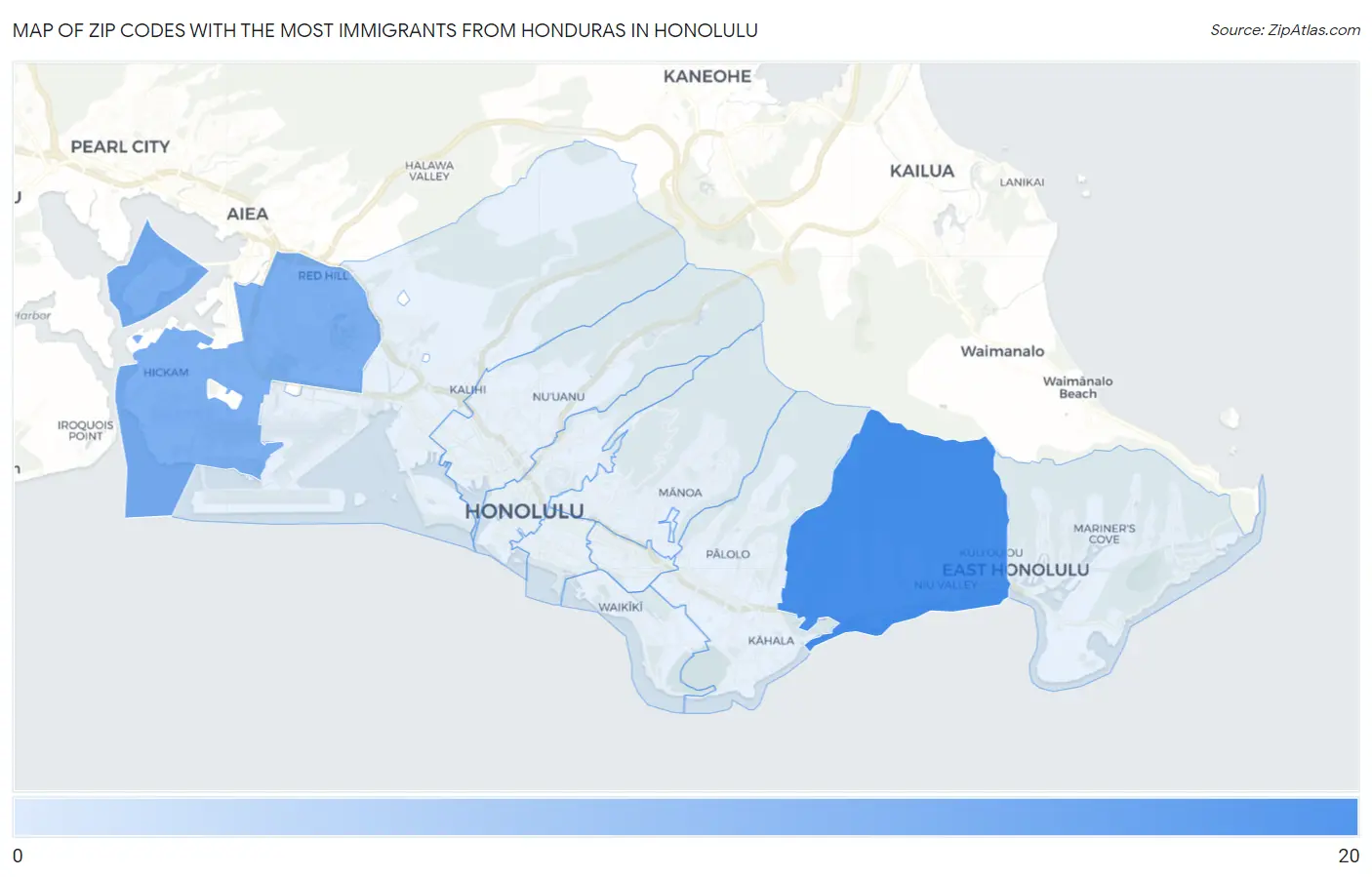 Zip Codes with the Most Immigrants from Honduras in Honolulu Map