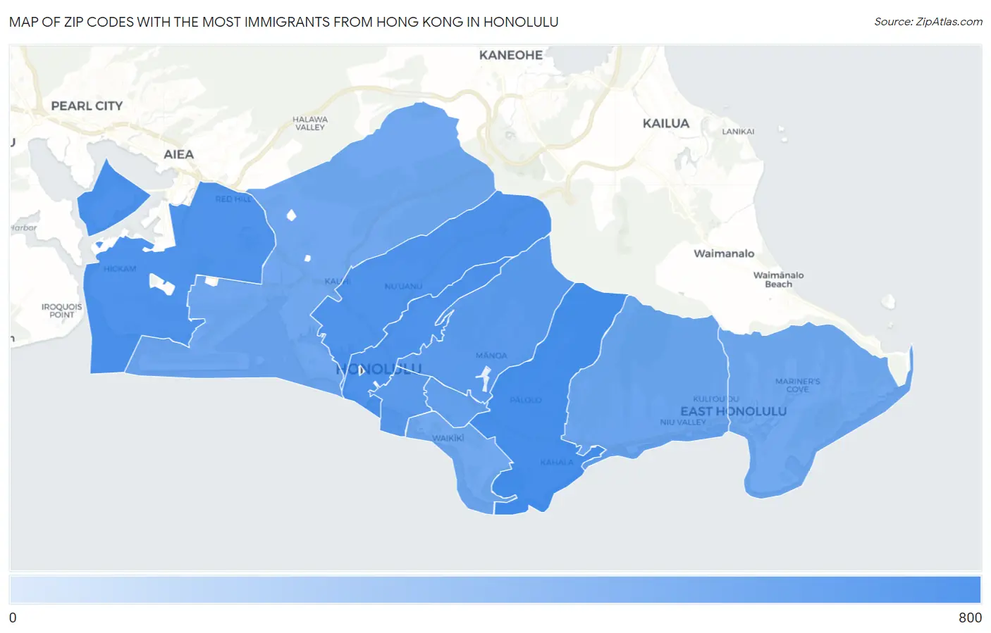 Zip Codes with the Most Immigrants from Hong Kong in Honolulu Map