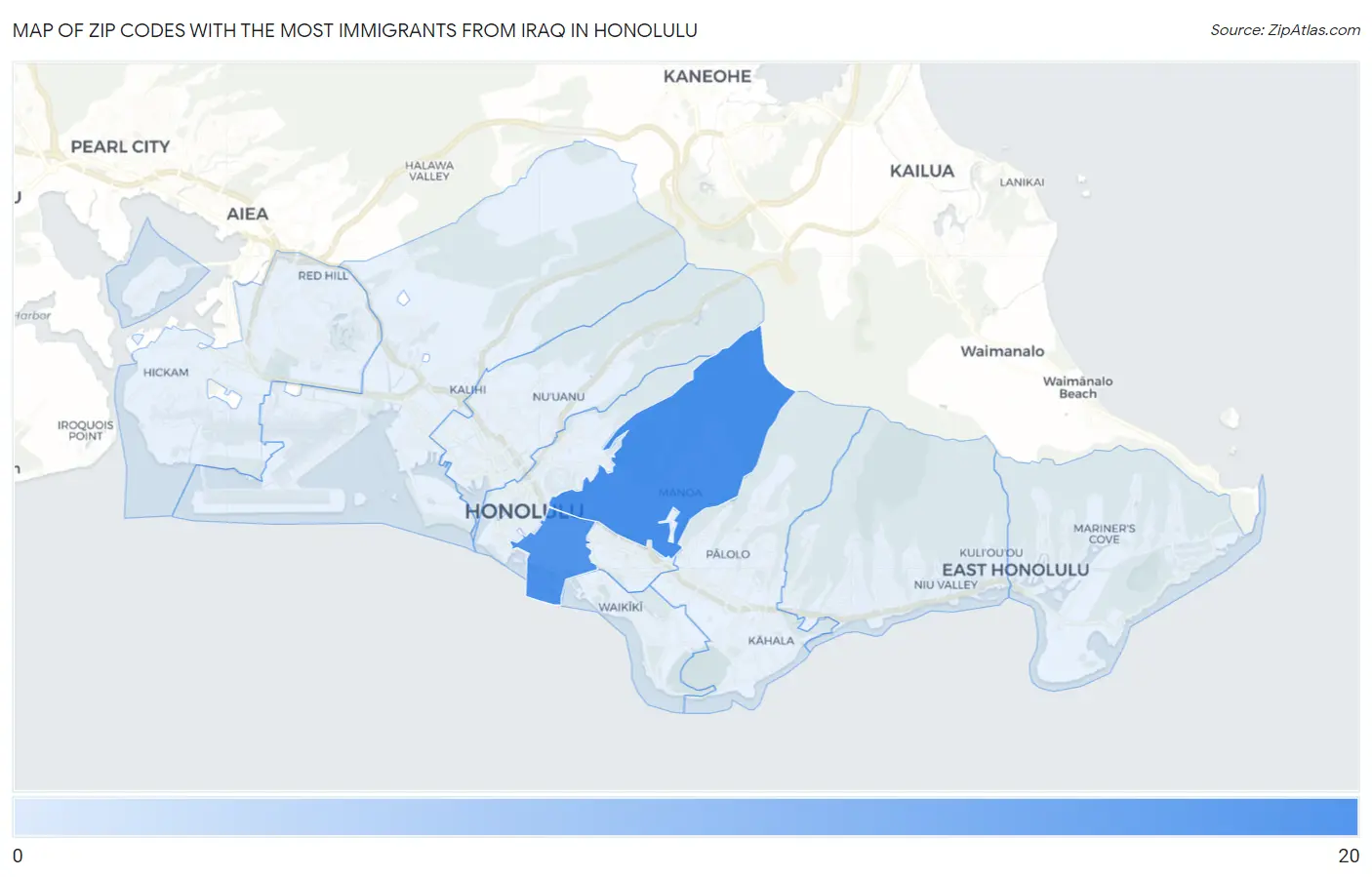 Zip Codes with the Most Immigrants from Iraq in Honolulu Map